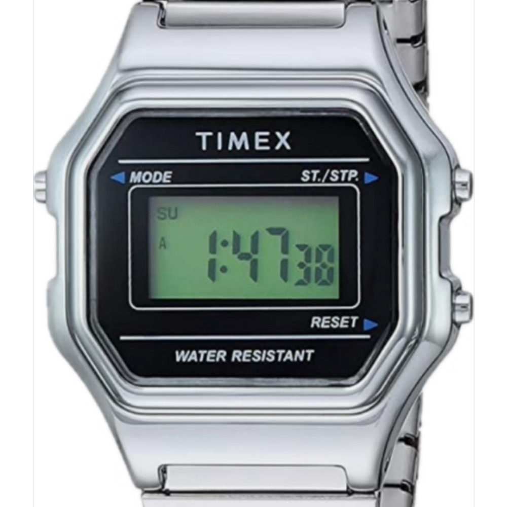 Small Timex Silver Watch with LCD Display and Water Resistance